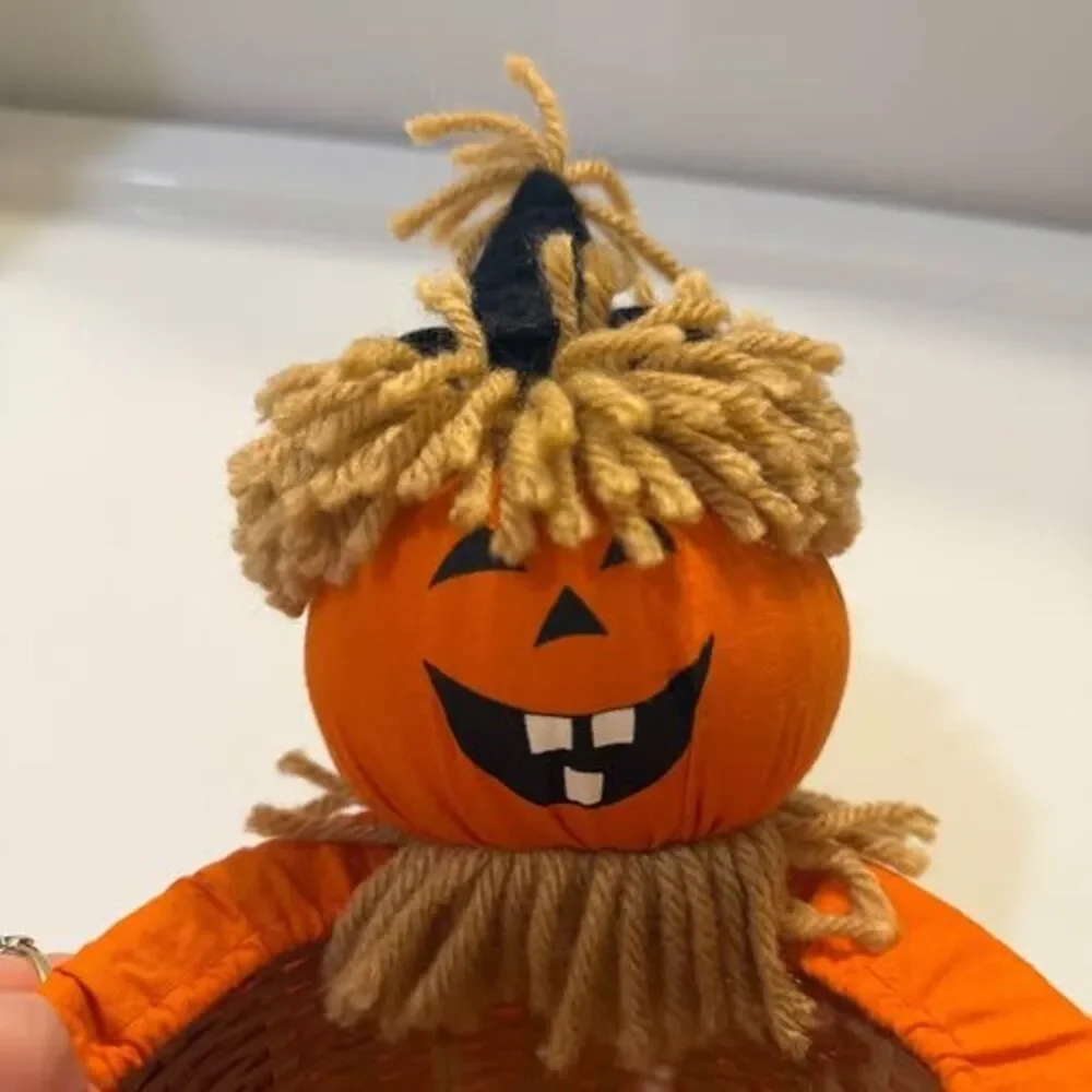 Vintage Pumpkin Scarecrow Wicker Candy Basket Halloween Decor Bowl Y2K Cozy Prim